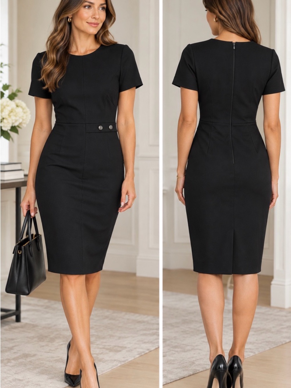 Banana Republic Black Short-Sleeve Sheath Midi Dress size 2